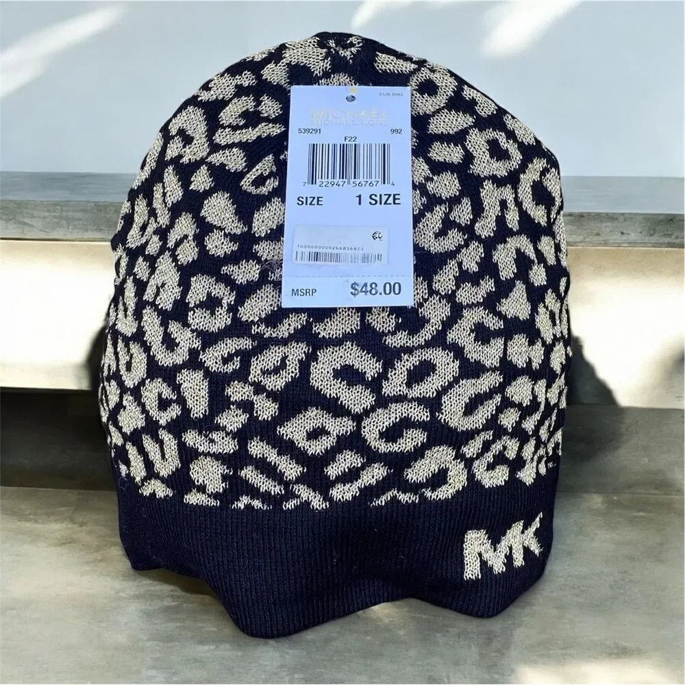 NWT New Michael Kors Black and Gold Metallic Leopard Print Logo Hat/Beanie OS
